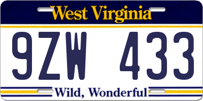 WV license plate 9ZW433