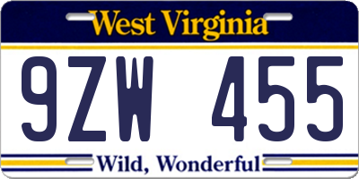 WV license plate 9ZW455