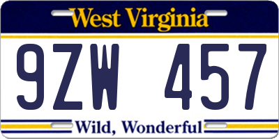 WV license plate 9ZW457