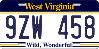 WV license plate 9ZW458