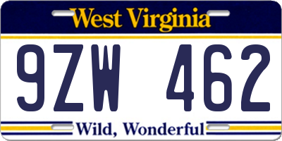 WV license plate 9ZW462