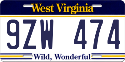 WV license plate 9ZW474