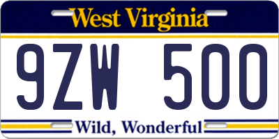 WV license plate 9ZW500