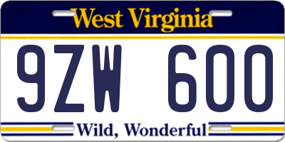 WV license plate 9ZW600