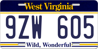 WV license plate 9ZW605