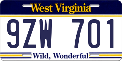 WV license plate 9ZW701