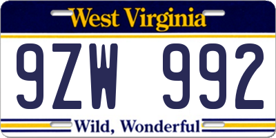WV license plate 9ZW992