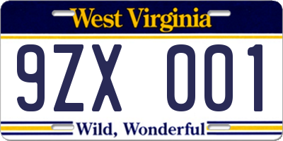 WV license plate 9ZX001