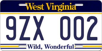 WV license plate 9ZX002