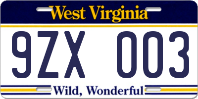 WV license plate 9ZX003