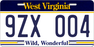 WV license plate 9ZX004