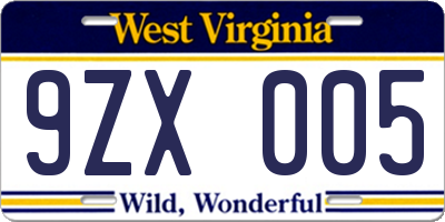 WV license plate 9ZX005