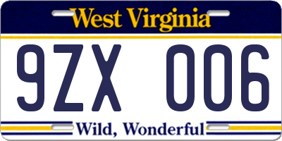 WV license plate 9ZX006