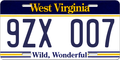 WV license plate 9ZX007