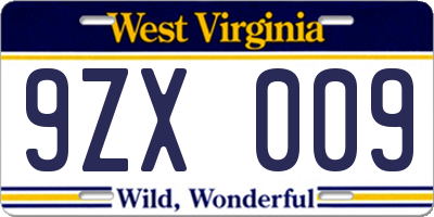 WV license plate 9ZX009
