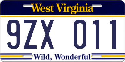 WV license plate 9ZX011