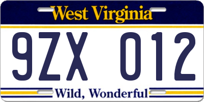 WV license plate 9ZX012