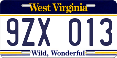 WV license plate 9ZX013