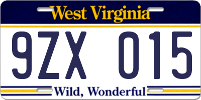 WV license plate 9ZX015