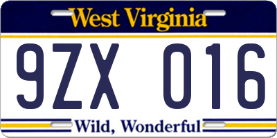 WV license plate 9ZX016