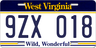 WV license plate 9ZX018