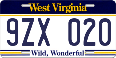 WV license plate 9ZX020
