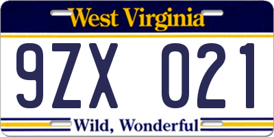 WV license plate 9ZX021