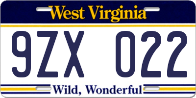 WV license plate 9ZX022