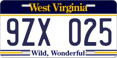 WV license plate 9ZX025