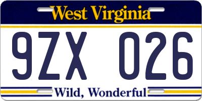 WV license plate 9ZX026