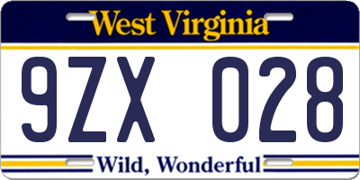 WV license plate 9ZX028