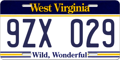 WV license plate 9ZX029