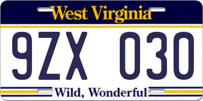 WV license plate 9ZX030