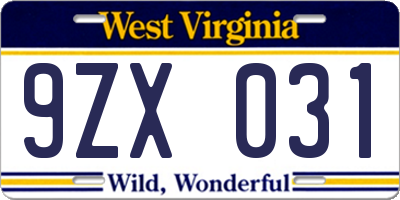 WV license plate 9ZX031