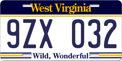 WV license plate 9ZX032