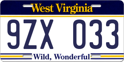 WV license plate 9ZX033
