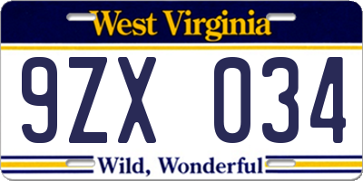 WV license plate 9ZX034