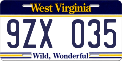 WV license plate 9ZX035