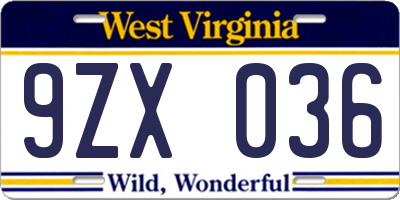 WV license plate 9ZX036
