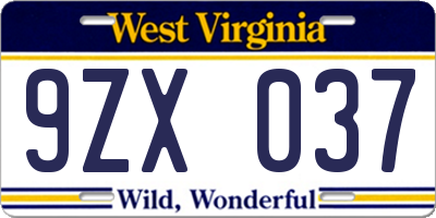 WV license plate 9ZX037