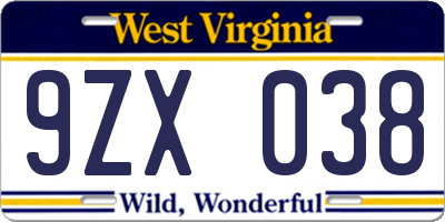WV license plate 9ZX038
