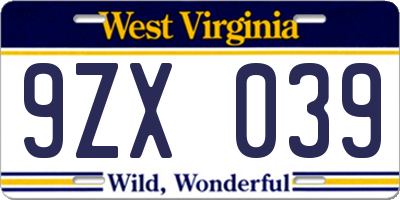 WV license plate 9ZX039