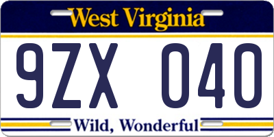 WV license plate 9ZX040