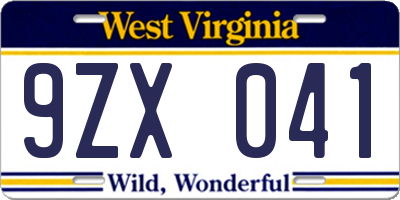 WV license plate 9ZX041