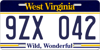 WV license plate 9ZX042