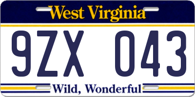 WV license plate 9ZX043
