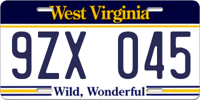 WV license plate 9ZX045
