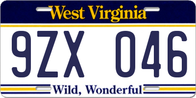 WV license plate 9ZX046