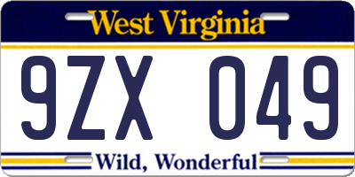 WV license plate 9ZX049