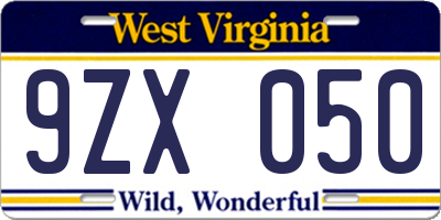 WV license plate 9ZX050